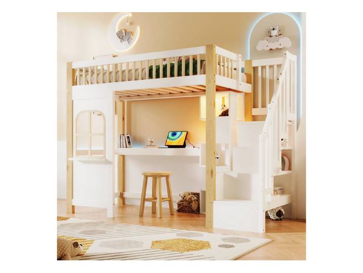 REDOM Kinderbett mit LED-Leuchten, Fensterform & Schreibtisch (inkl. Ablageleiter und Steckdose, Hochbett Holzbett, 90x200 cm), ohne Matratze