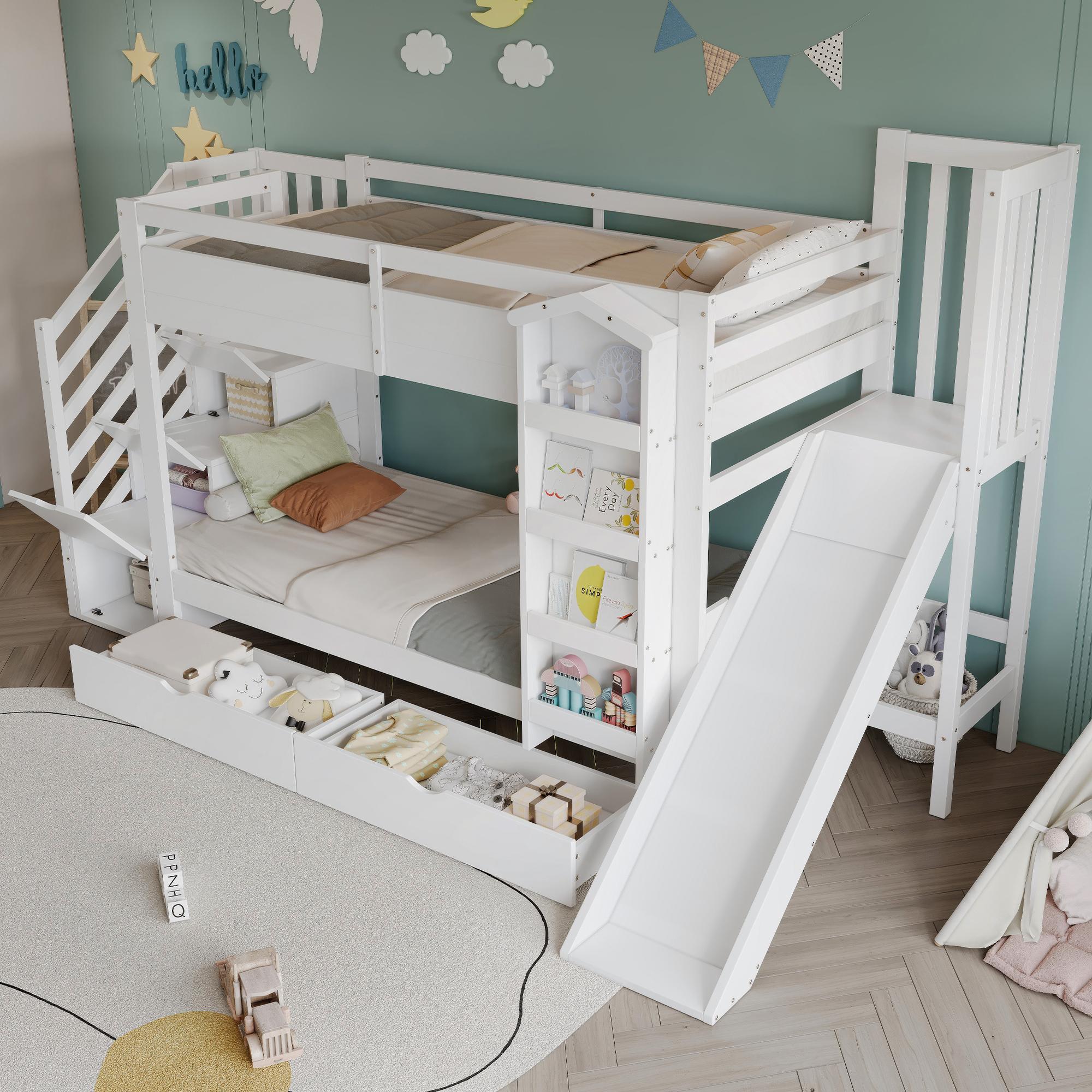 STILVORA Etagenbett 90x200cm mit Kinderrutsche und Treppenaufbewahrungsschrank, Kinderbett mit Bilderbuchregal und zwei Rollschubladen, Kinderzimmerbett aus Kiefer, MDF und Sperrholz in Weiß