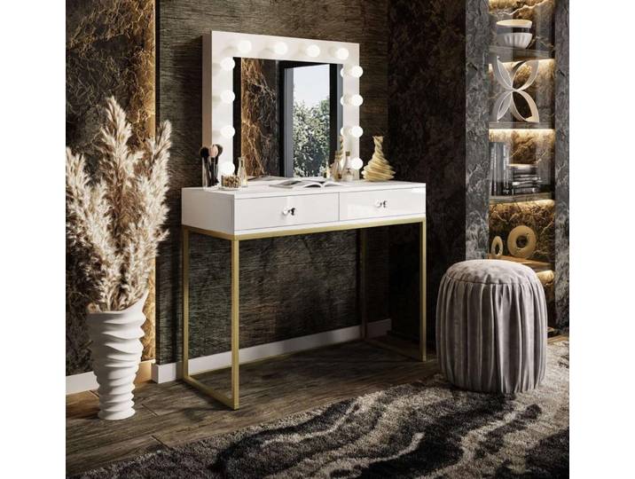 Schminktisch BLANCO GOLD mit Spiegel und Beleuchtung weiß Hochglanz mit Griffen