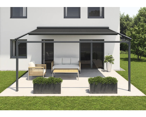 SOLUNA Pergola mit Stoffdach 5x5 Stoff Dessin 8446 Gestell RAL 7016 anthrazitgrau Antrieb links inkl. Motor, Wandschalte