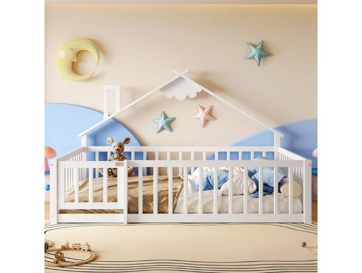 Lit cabane double 140x190 cm Lit plat Lit enfant en bois avec barrière de sécurité toit cheminée porte et sommier à lattes - blanc