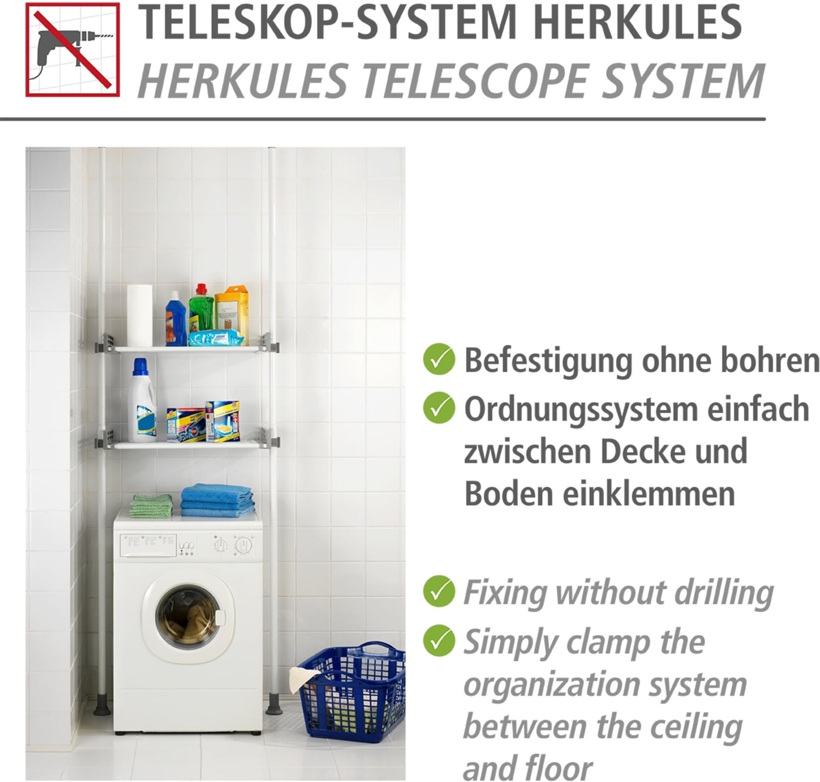 Teleskopregal WENKO "Modell Herkules Twin", grau (weiß, grau), B:120cm H:300cm T:42,5cm, Kunststoff, Metall, Regale, Teleskopregal, 2 Trägerstangen, 2 verstellbare Ablagen, ideal für Bad & Abstellkammer weiß, grau B/H/T: 120cm x 300cm x 42,5cm