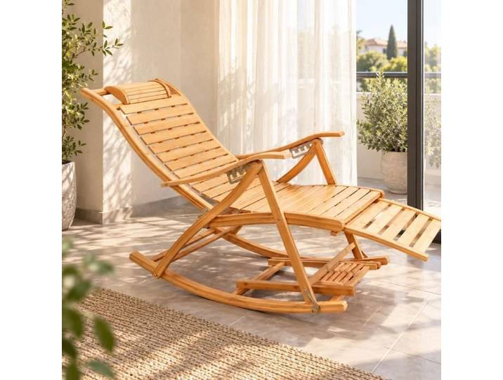 Fauteuil à bascule pliable - UNHO - UNHO - Bambou naturel - Dossier réglable 5 positions - Repose-pieds coulissant