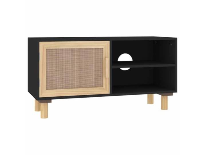 LMTYOENFG TV-Schrank Schwarz 80x30x40 cm Lowboard mit Rattan Kompakter TV-Ständer im BoHo-Stil für Wohnzimmer und Schlafzimmer. Stabile Beine aus Kiefern-Massivholz mit 3 Fächern.