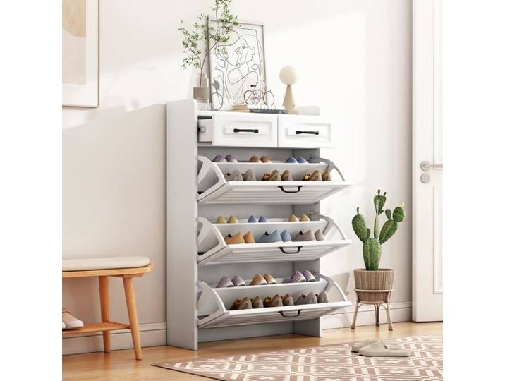 Armoire à chaussures composée de trois grands rabats et de deux tiroirs armoire à chaussures en bois L80/P23.5 / H131 cm - blanc