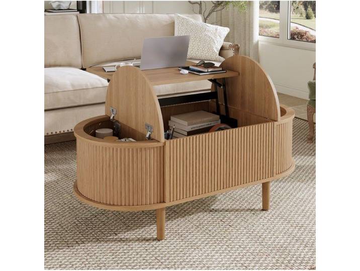 Table basse relevable ovale AESVAR avec rangement style vintage MDF couleur chêne