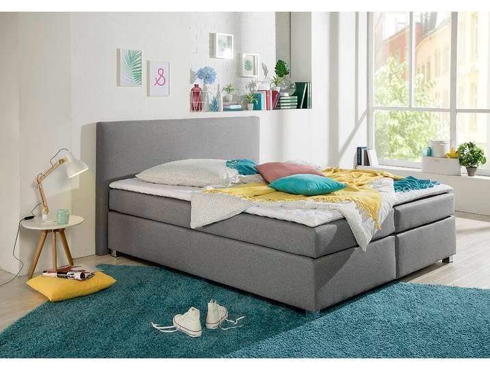 Boxspringbett, Strukturstoff, Grau, 180×220 cm, Mit Topper, Modern, Inosign