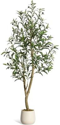 YUN Artificial Olive Tree, Faux Silk Plant with White Planter, Natural Trunk & Fruits for Home or Office Decor, 1 Pack