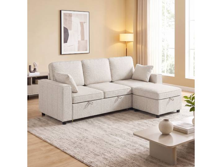 HOMCOM Canapé d’Angle 3 Places Convertible Chenille Beige 225cm Pouf