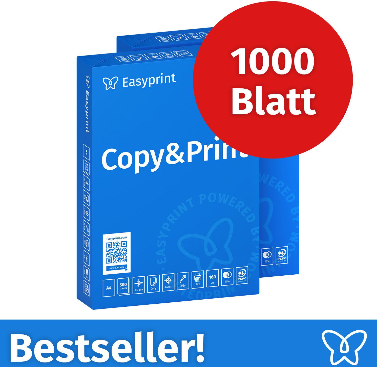 Easyprint Druckerpapier Kopierpapier 1000 Blatt 2 x 500 A4 Premium Hochweiß CIE 160 Testsieger PEFC zertifiziert