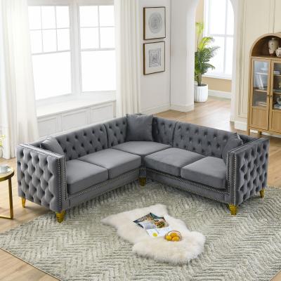 Loedds 82.2-inch 5-Seat L-Shaped Chesterfield Velvet Sectional Sofa with Nailhead Trim and Button Tufting, Gray