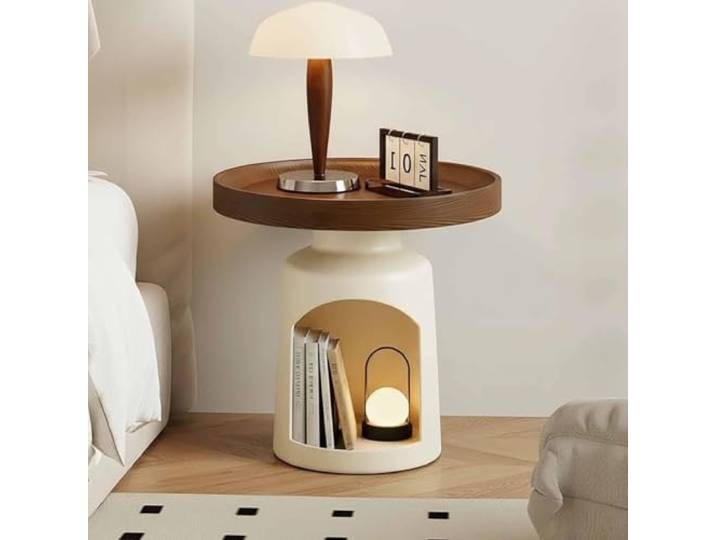 Modern Side Table, End Table with and Solid Wood top Open Shelf Storage Modern round design with Metal base, decorative style, versatile table for drinks, plants and home décor