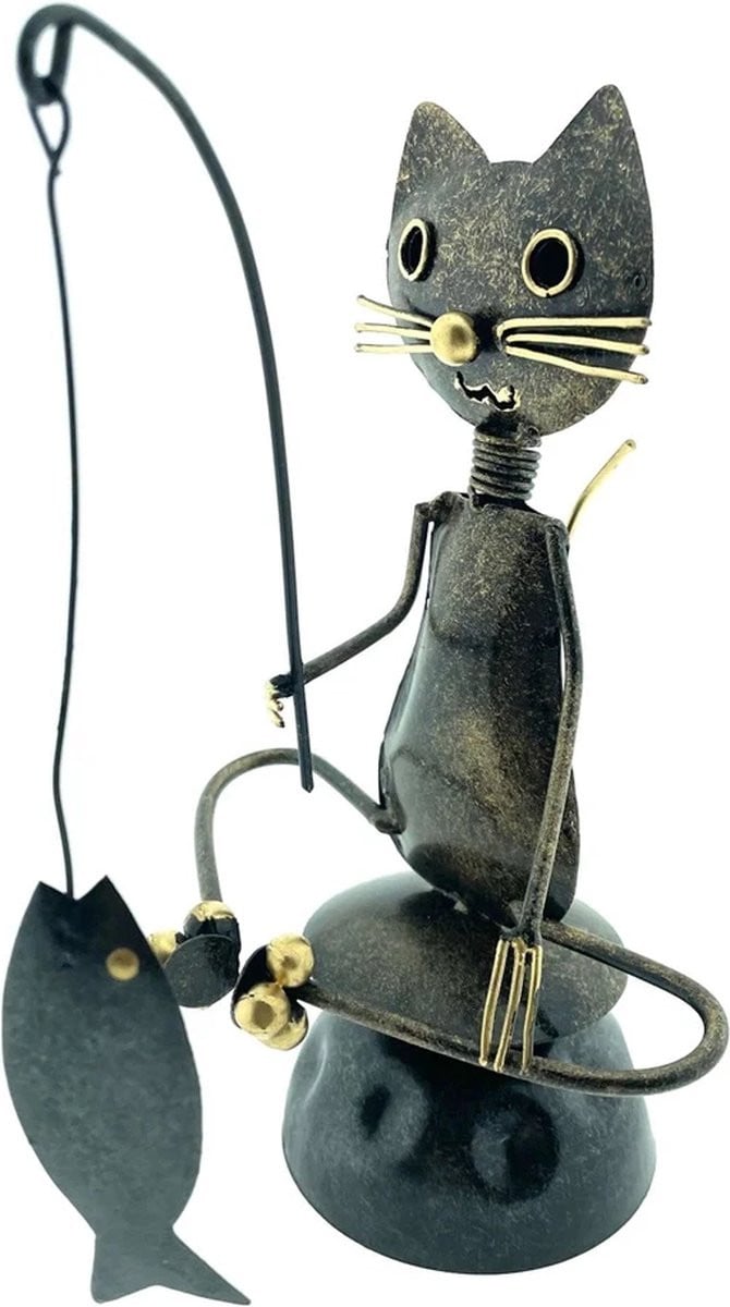 Kiria Metalen Vissende Kat Decoratie - Zwart