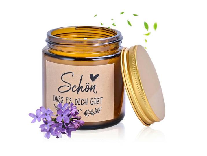 Duftkerze Lavendel mit Spruch Schön; dass es dich gibt 230g, Braun, Glas, 6.5 cm, Dekoration, Kerzen & Kerzenhalter, Duftkerzen