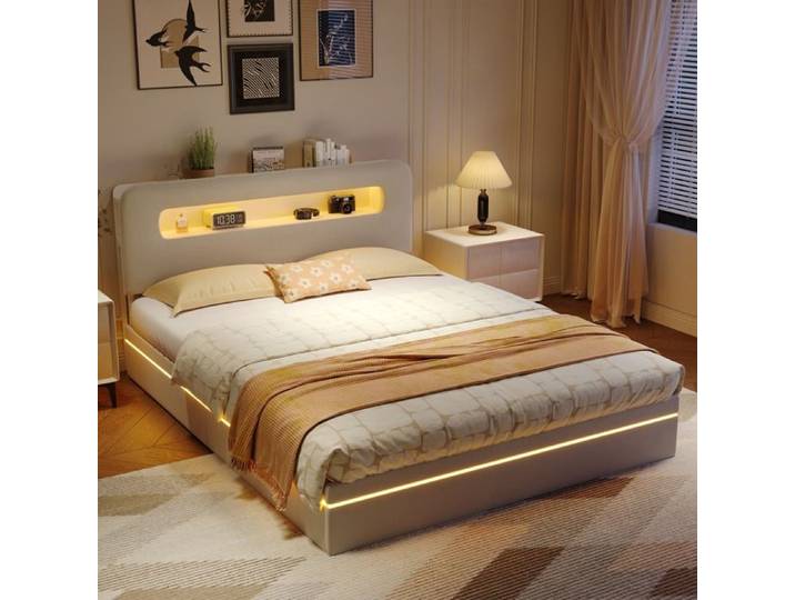 Lit Coffre 140x200cm - avec Éclairage LED & Tête de Lit - Cadre de Lit Queen Size Rembourré en Velours Beige