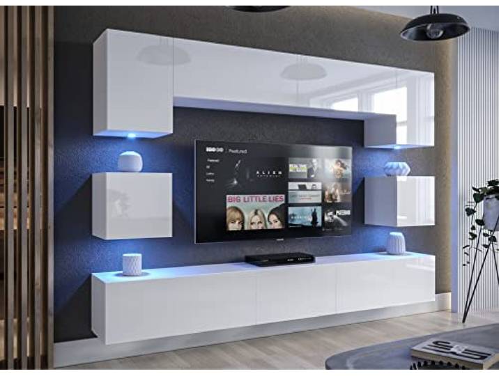 Furnitech Wohnzimmer LED RGB - 16 Farben Hängend Modern Schrankwand mit Regalen und TV-Schrank (Nowara AN1-17W-HG21 1B)
