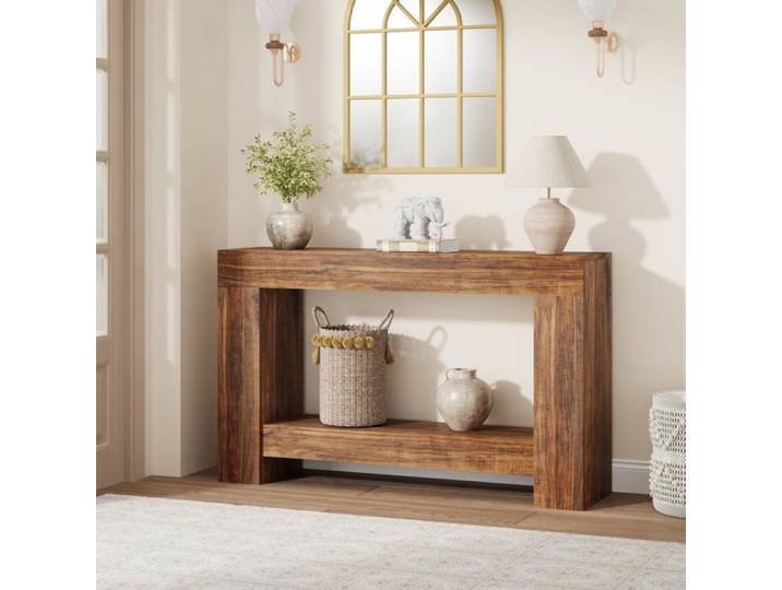 Koioplie 1.2M Table console d'entrée style farmhouse 2 niveaux avec étagère ouverte étroit - Flame Pattern