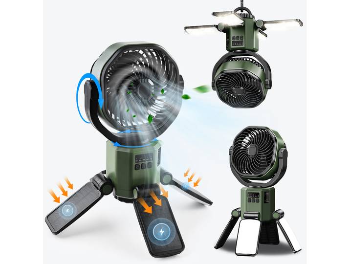 Ventilateur solaire portable 6000mAh pour le camping, lumière LED à 3 niveaux, 4 vitesses de vent, ventilateur de refroidissement pour tente extérieure, rotation à 270 degrés