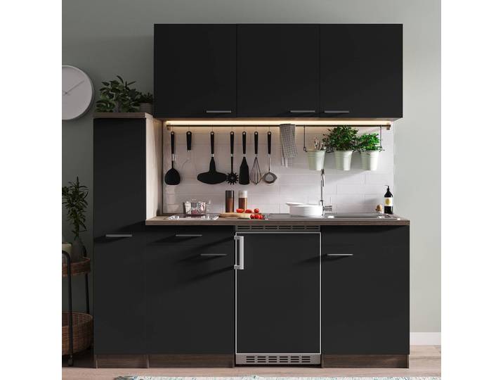 Cuisine Oliver I 180cm Noir/Noir/Imitation chêne foncé Vitrocéramique