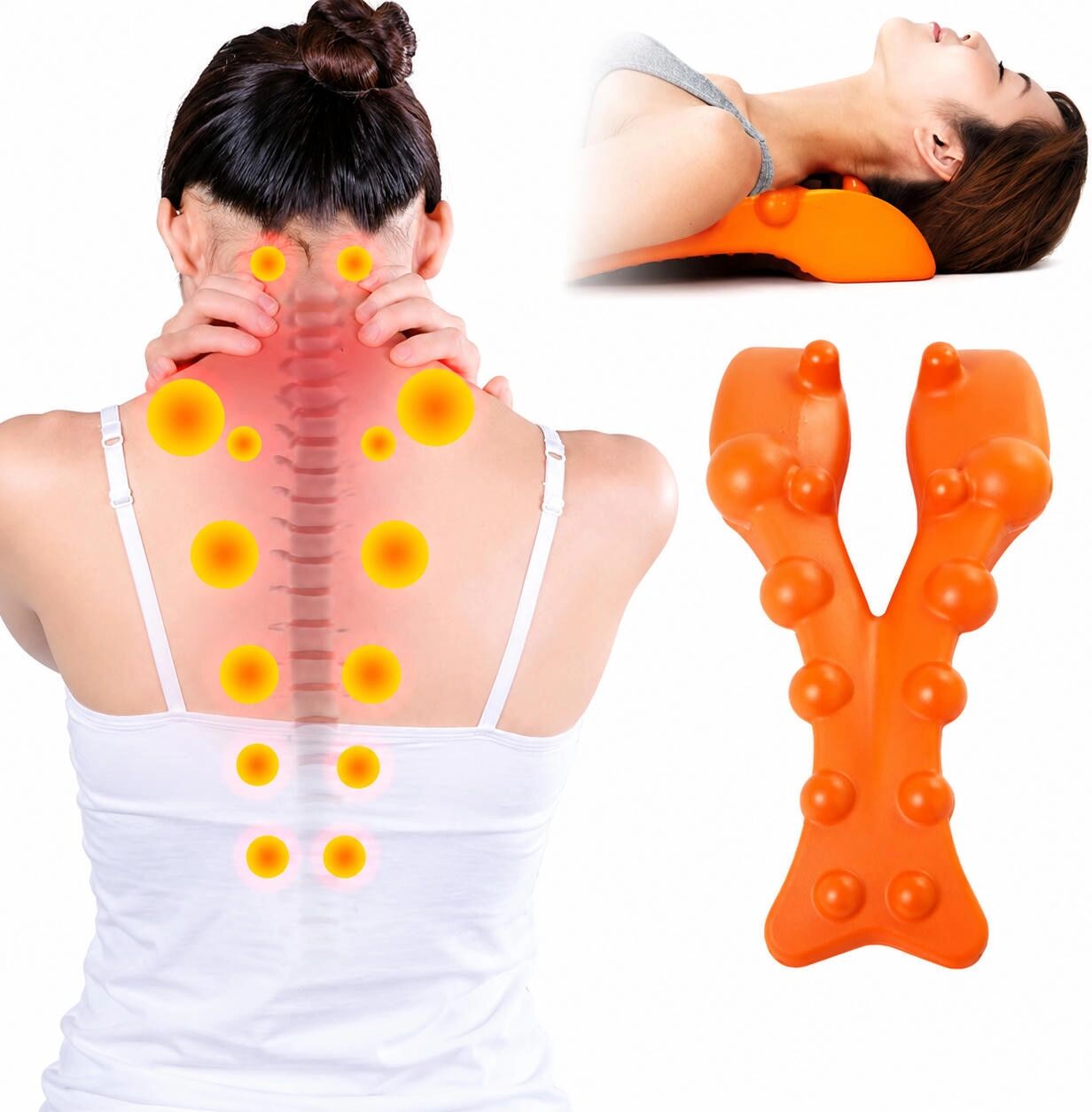 INF Oreiller de massage EVA 3 - Support cervical orange pour acupression et relaxation des épaules