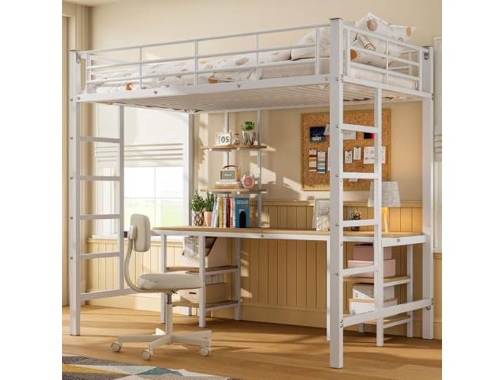 FAVSH Hochbett 90x200 cm mit Schreibtisch und Regalen, Eisenrahmenbett mit Sicherheitsleiter und Fallschutzgitter, Kinderbett für Kinder und Jugendliche, Eisen + MDF, Weiß