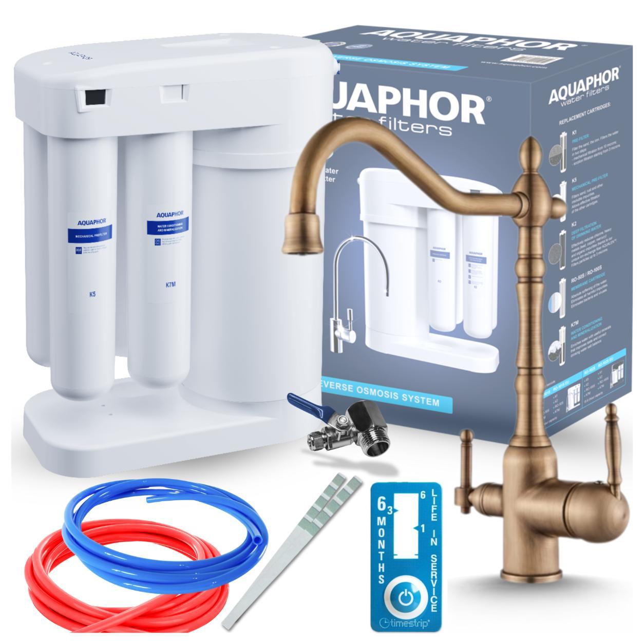Aquaphor Morion Umkehrosmoseanlage Mit Ari Retro 2 3-Wege-Küchenarmatur Antik Messing, Wasserfilter Mit 5 L Tank, 190 L/Tag