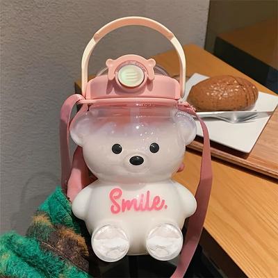 Inspired Living Cute Bear Large Capacity Water Bottle 1000 Ml 1400 Ml Kids & Outdoor Tumbler With Straw pink