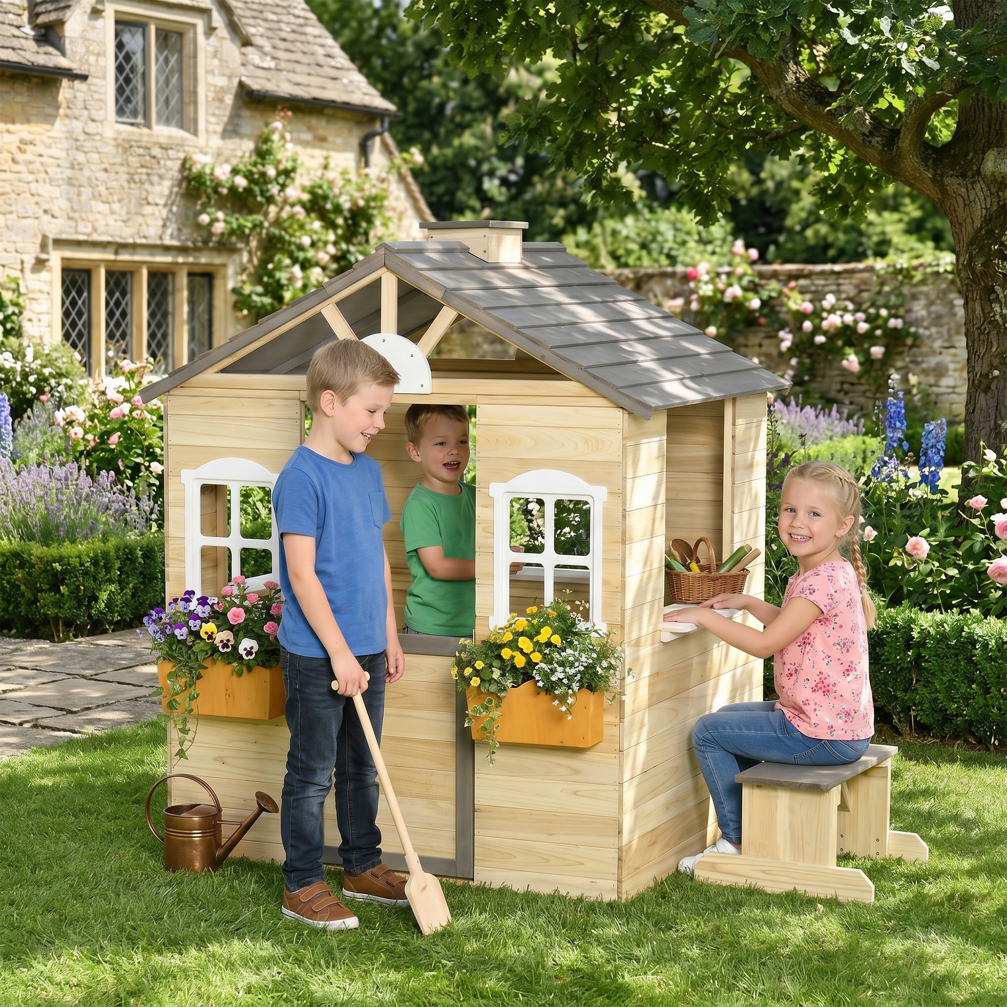 Outsunny Casetta Bimbi 3-7 Anni a 2 Finestre con Portavasi e Panchina, in Legno di Abete e PP, 113Lx94x134.5 cm Aosom