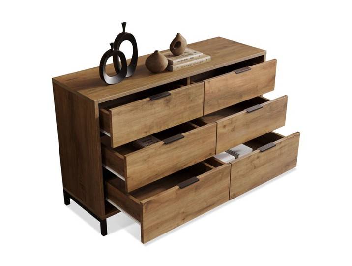 VLIVRA Commode avec 6 tiroirs - pour chambre - en panneaux de particules et métal - 120×40×76 cm - chêne foncé
