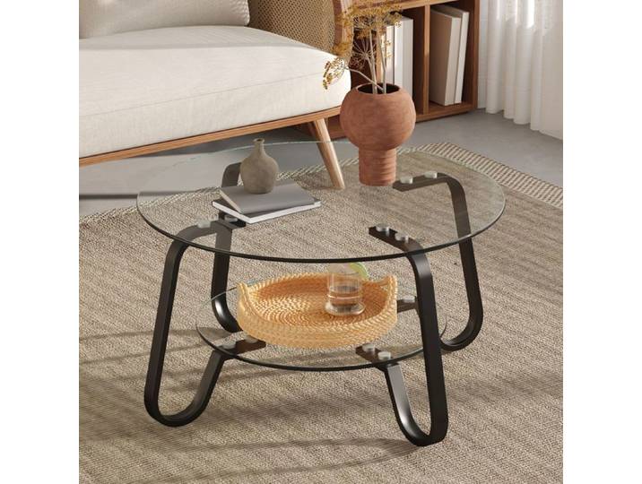 Table basse - WESTYLE - Rétro minimaliste - Cadre métal - 2 plateaux verre trempé - Noir