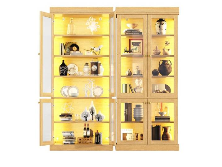 Meuble rangement vitrine haute portes vitrées LED bois naturel anti-basculement 160x40x180 cm FOLYNA