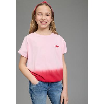T-Shirt KANGAROOS "mit Farbverlauf und Logodruck", Mädchen, Gr. 128/134, rosa, rot, Jersey, Obermaterial: 100% Baumwolle, bedruckt, bequem hüftlang, Rundhals, Fledermausärmel abgesteppte Kante, Shirts T-Shirt, Kurzarm, weite Fledermausärmel,...