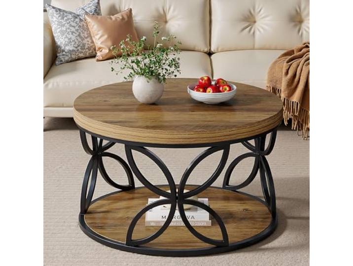 LITTLE TREE Couchtisch rund 80 cm mit 2 Ablagen, Kaffeetisch mit Stauraum Wohnzimmertisch Holzoptik mit schwarzem Metallgestell, Industrial Vintage Stil, Braun