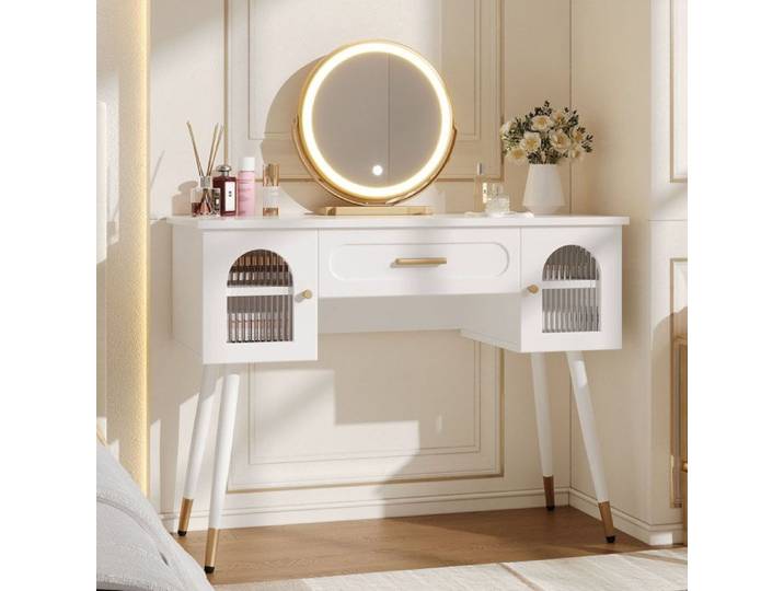 VUENOR Coiffeuse LED avec miroir rond 100 x 42 x 112 cm blanc et or