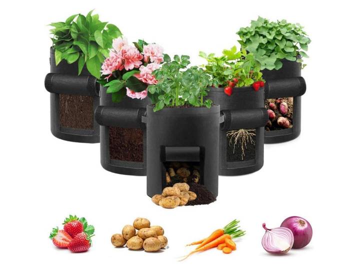 Pflanzbeutel 5er Set 15 Gallonen mit Sichtfenster und Griffen Schwarz, 45x45x40 cm, Gartenzubehör, Hochbeete
