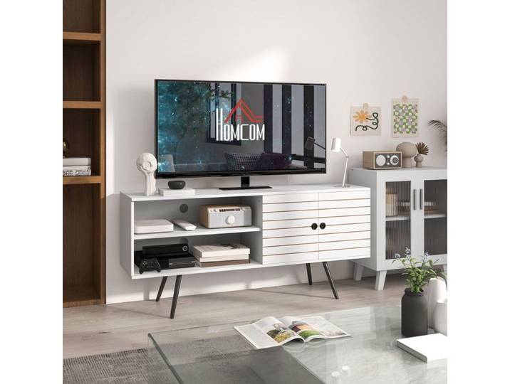 Meuble TV - PAGE LIVING - 145x38x65 cm - Blanc - Étagères réglables - Pour TV jusqu'à 65