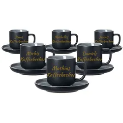 Espressotasse mit Untertasse Jasper 90 ml mit Text in Goldfarbe 6er Set - Schwarz