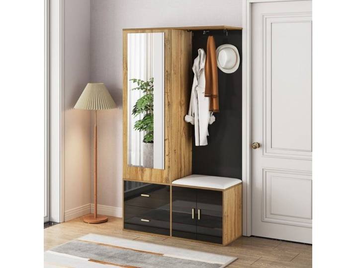 Meuble entrée noir/bois - miroir - armoire chaussures - tabouret cintres inclus - organisation élégante