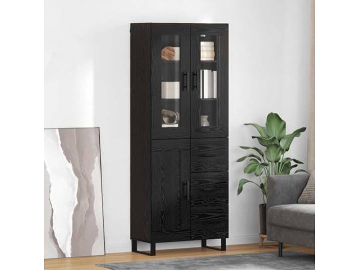 RJPLMFV Moderne Anrichte Chene schwarz 2 Türen Holz Glas Aufbewahrung für Wohnzimmer, Esszimmer, Bargriffe, Eisen, Regale, Holz, Metallfüße