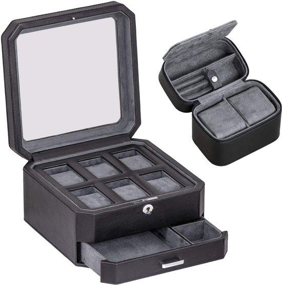 Luxus-Horlogedoos-Set mit 6 Lederfächern und 2 Uhrenreisetaschen - Cadeauset mit Glasdach und Schubladen (Schwarz/Grau)
