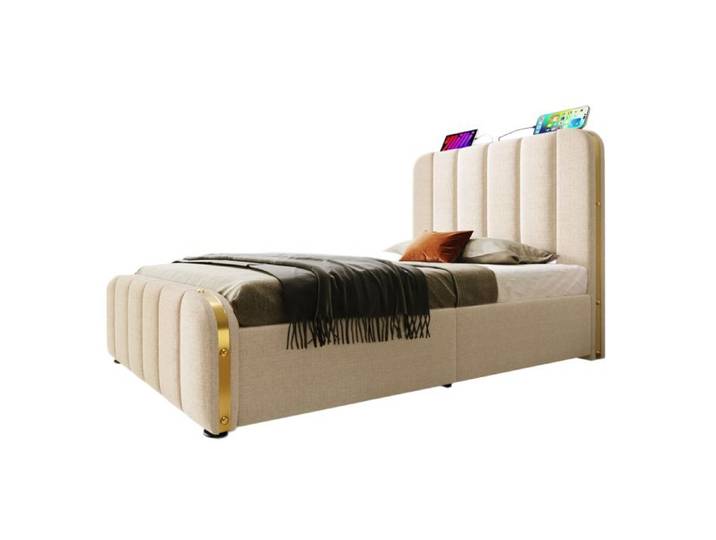 Hydraulisches Einzelbett 90x200 cm mit gepolstertem Kopfteil goldenen Streifen und USB Typ-C beige Leinen