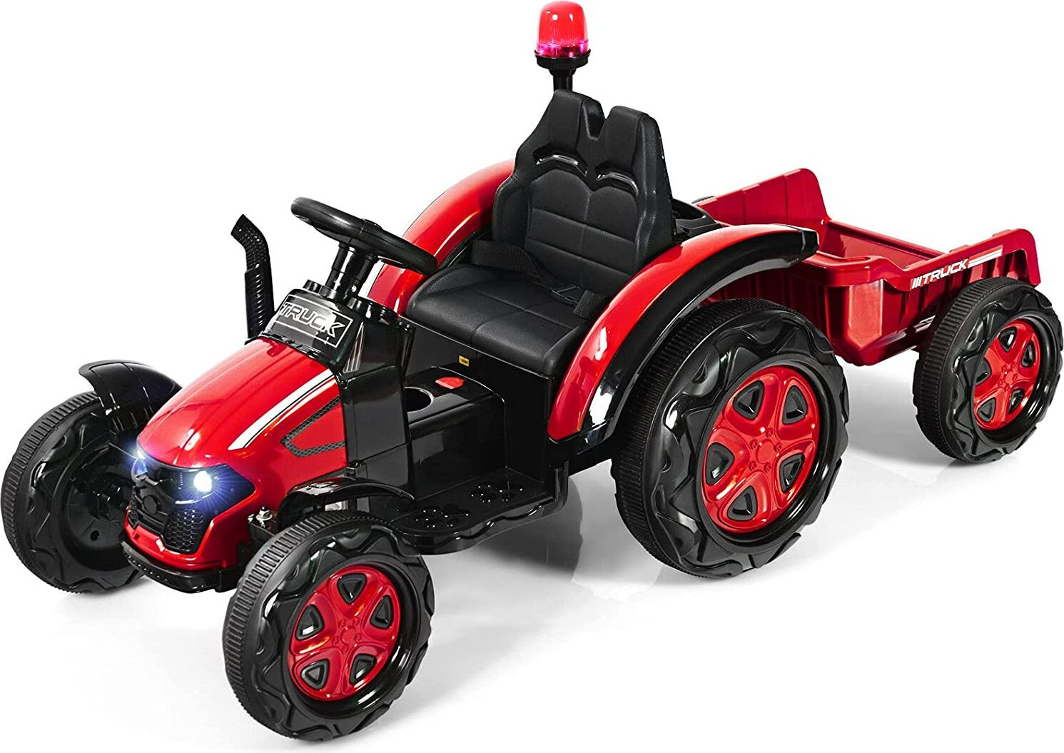 Costway 12V Elektrische Tractor met Afstandsbediening en Aanhanger, Rood Kinderrijdtoestel met MP3-speler en USB-aansluiting
