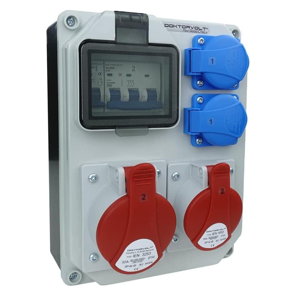 Preis-Zone Stroomverdeler HL-S 32A 16A 2x230V bouwstroomverdeler stekkerverdeler wandverdeler Doktorvolt 5361 (4x, CEE 16/5, CEE 32/5, CEE 7/4) (DV-5631-D)
