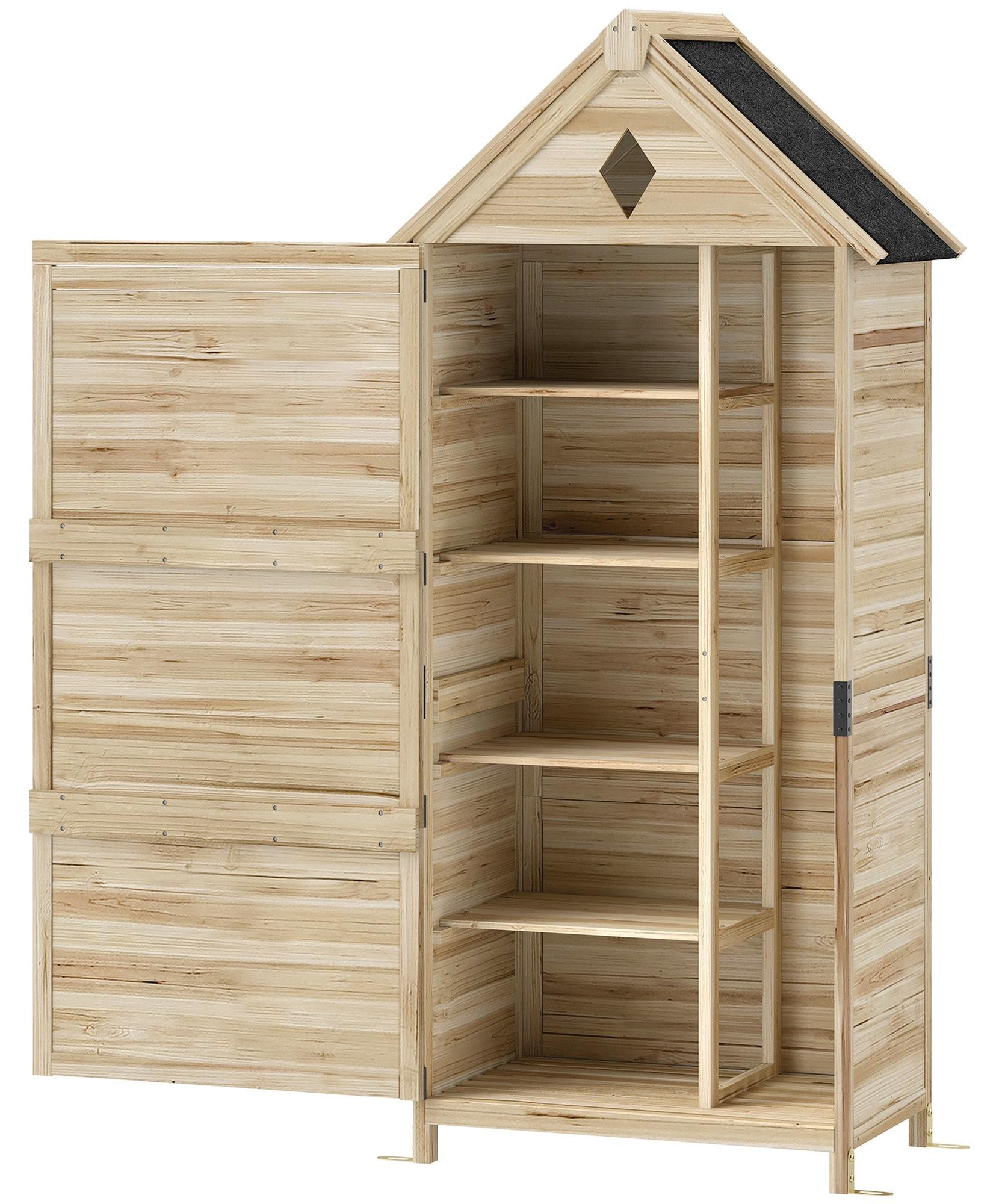 Gartenhaus aus Holz mit 4 Regalen, wasserdichtes Dach | Farbe: Naturholz | Abmessungen: 80x49x170 cm