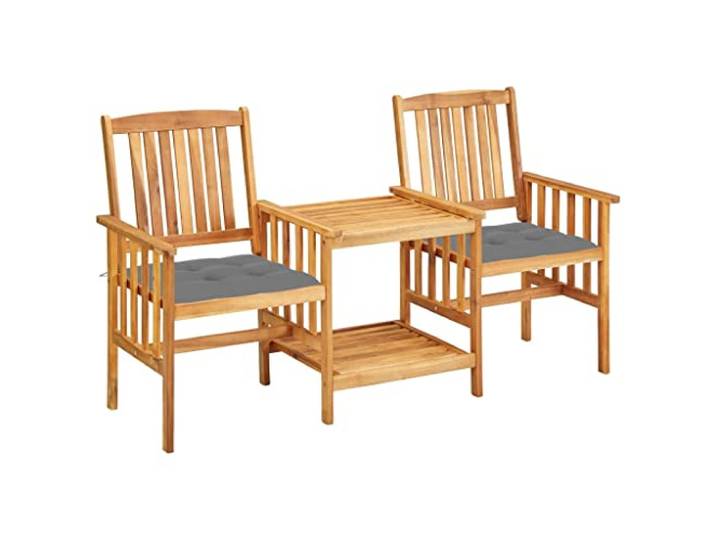 ZQQLVOO Akazienholz Bistro Set Mit Kissen 2 Stühle Rustikales Design, Armlehnen, untere Ablage, ölbehandelte Oberfläche, pflegeleicht