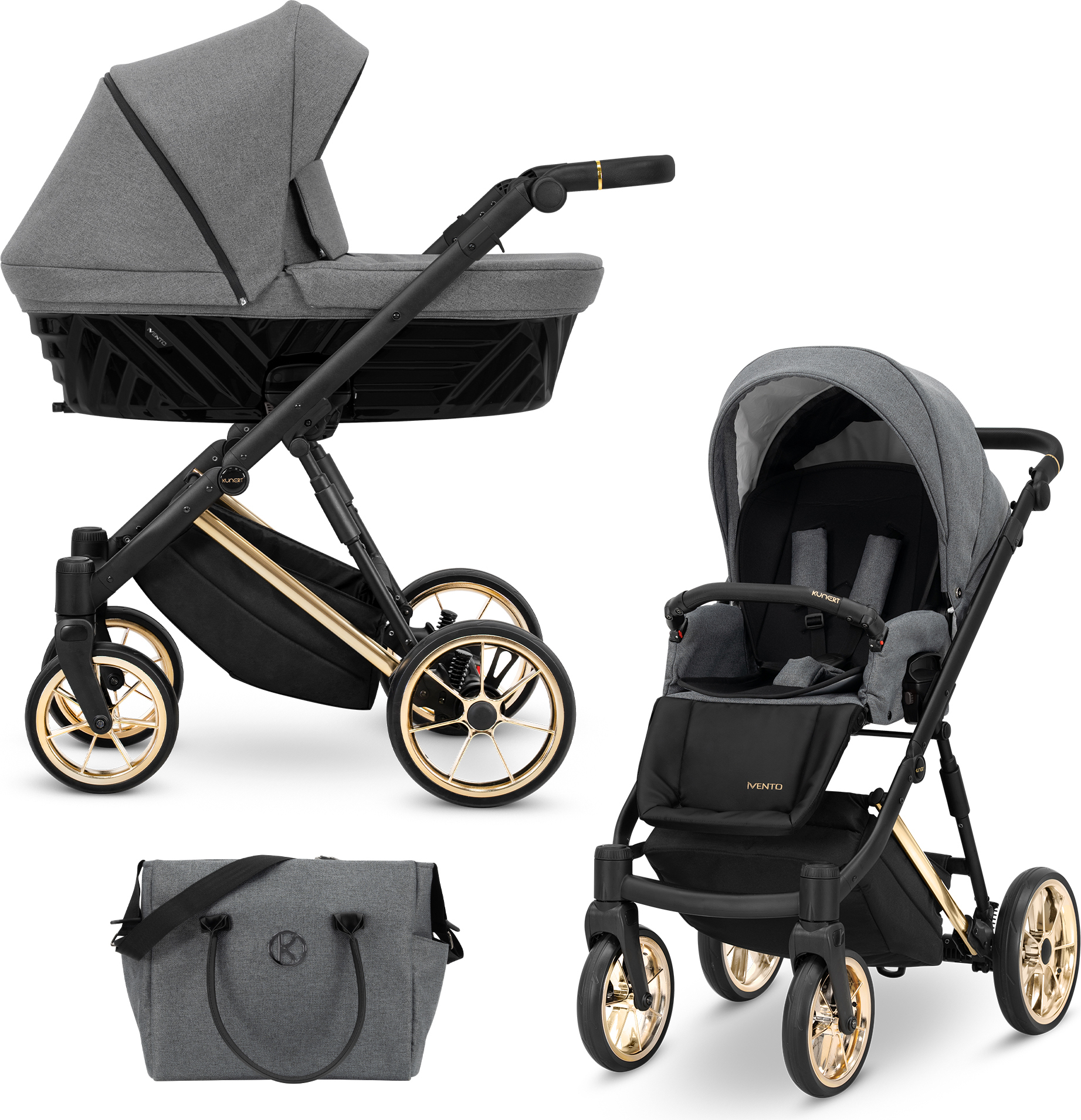 Kinderwagen IVENTO Sportwagen Babywagen Babyschale Komplettset Kinder Wagen Set 2 in 1 (Deep Graphite, Rahmenfarbe: Gold)