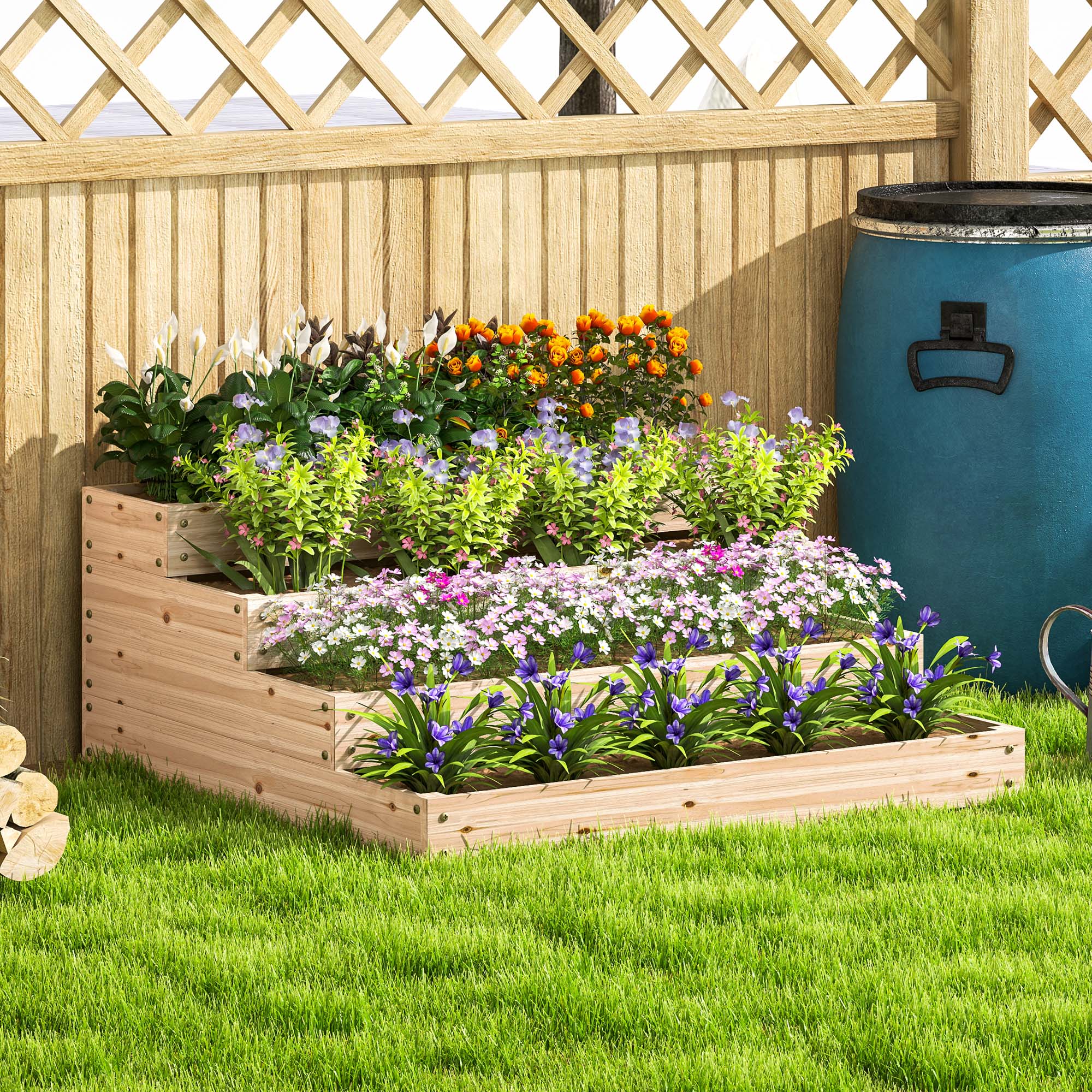 Outsunny Aiuola Orto senza Fondo a 4 Livelli per Erbe Aromatiche, Ortaggi, Frutta e Fiori, 113x113x46 cm, Legno Naturale   Aosom Italy