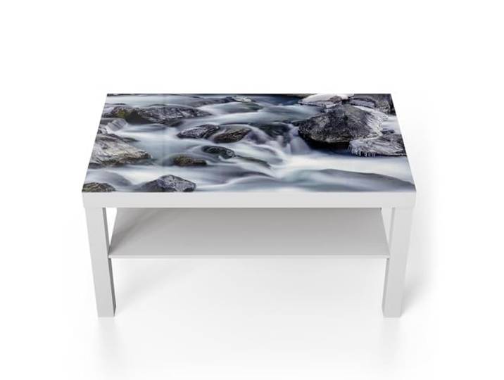 DEQORI Glastisch weiß groß 90x50 cm Motiv Winterflusslauf ausgefallener Beistelltisch aus Glas Hochglanz Couchtisch fürs Wohnzimmer moderner Couch Tisch mit Design