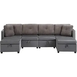 Merax Modulares 6-in-1 U Sofa mit Stauraum, Samt & Cord Schlafsofa, wandelbares Wohnzimmersofa mit Liegefunktion, für 4–6 Personen, Grau