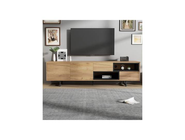 Meuble TV bas - MUVOE - 173 x 38 x 48 cm - Pour TV jusqu'à 70  - 2 portes & compartiments ouverts - Aspect bois